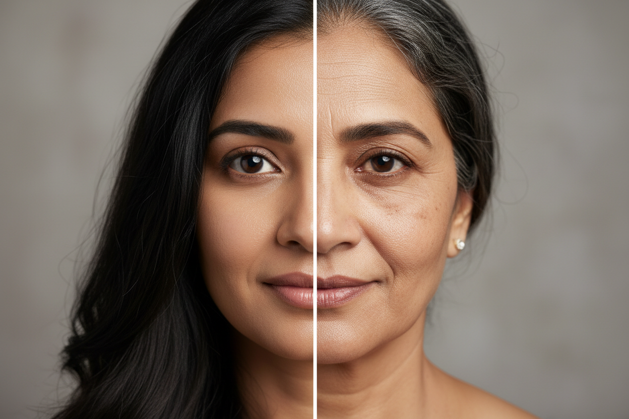 anti anggen indian female face where one side is young and other is old