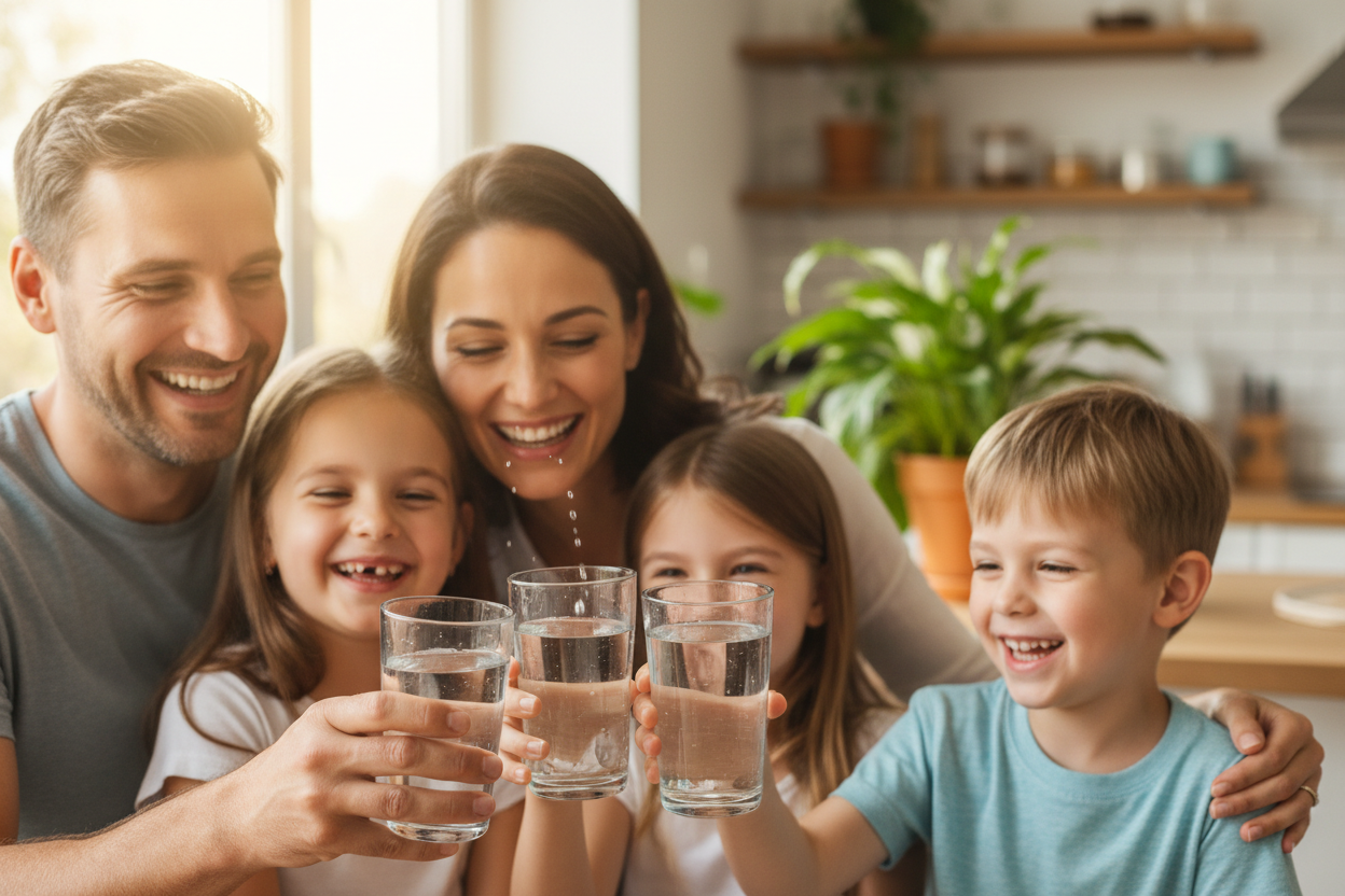 family drinking water and face in the fornt