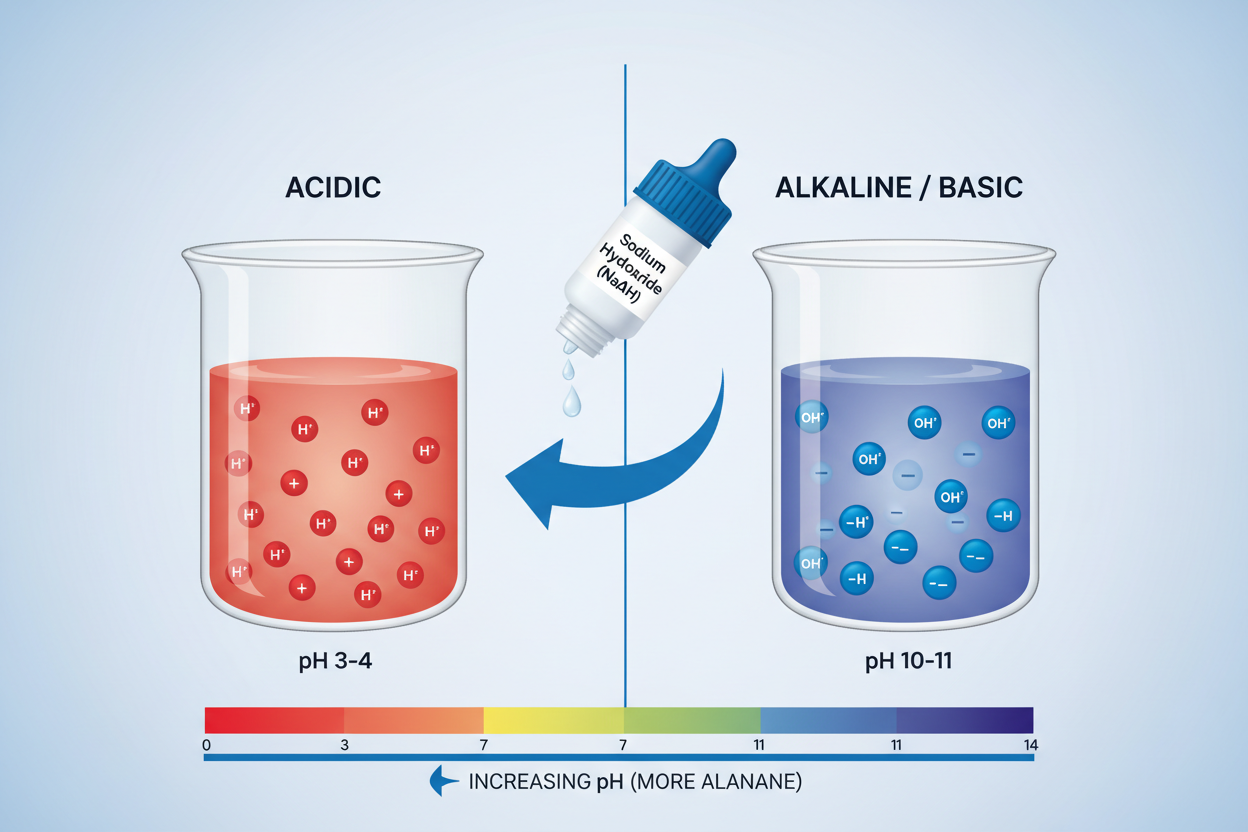 Increasing pH means making a solution more basic or alkaline. This is typically done by adding substances like sodium hydroxide (NaOH) or potassium hydroxide (KOH), which reduce the concentration of hydrogen ions (H⁺) in the solution. When the pH rises, the solution becomes less acidic and more alkaline. and make it 1:1