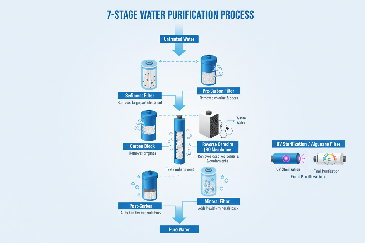 water purifier filter process from stage 1 to stage 7
